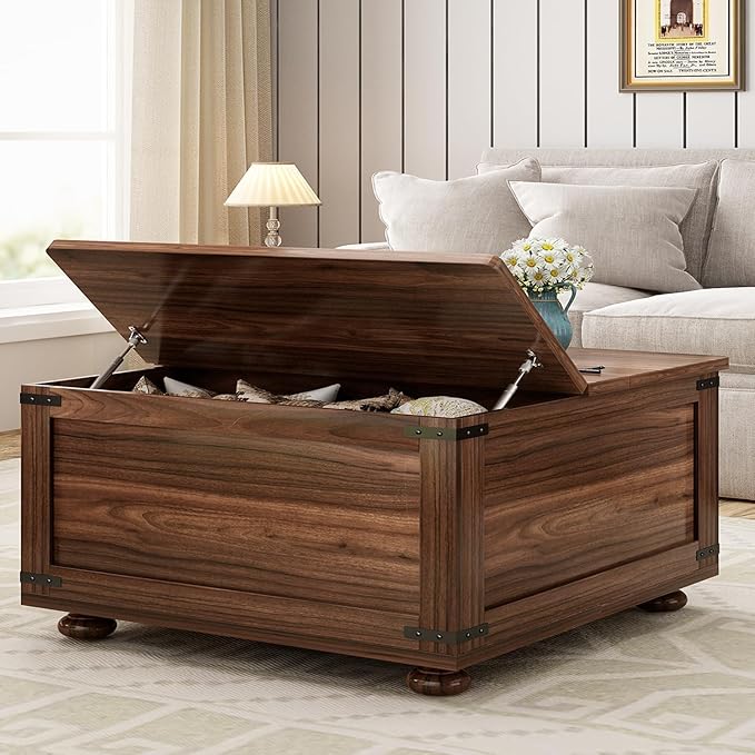 Farmhouse Coffee Table with Storage, Large Square Coffee Table with Wood Gourd Feet and Hydraulic Gas Rod for Living Room, Walnut