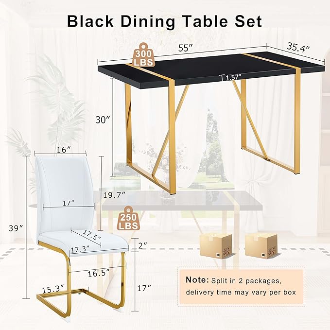55" Black Dining Table Set for 4, 5 Piece Dining Table Set, 1.5" Black Glossy Wood Tabletop with Gold Metal Legs, Modern Kitchen Table Set with 4 Bow-legged Faux Leather Chairs for Dining, Small Space
