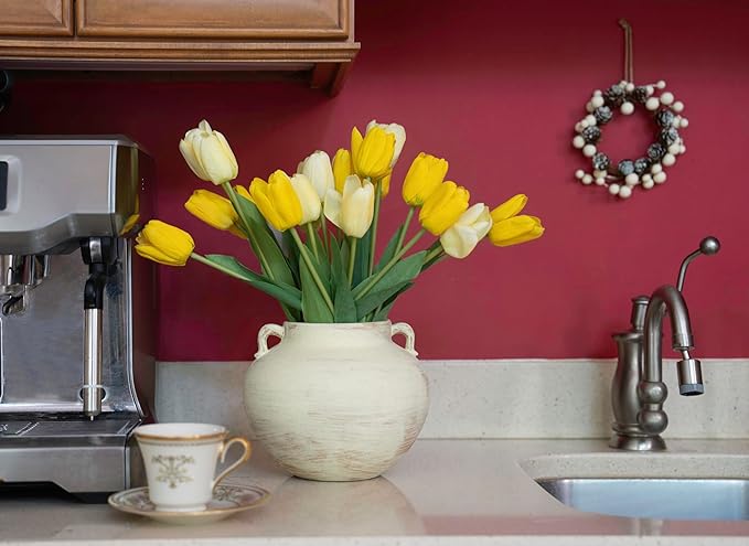 Handmade Beige White Two-Ear Ceramic Vase, Textured Pottery Vase with Two Ears for Centerpieces, Kitchen, Living Room, Bedroom Decor Gifts (Beige White*, Short)