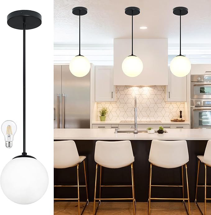 8" Globe Pendant Light Black Mid Century Modern Light Fixture Milk Glass Pendant Light Globe Pendant Lights Kitchen Island Matte Black Finished with Milk Glass Lampshade for Dining Room
