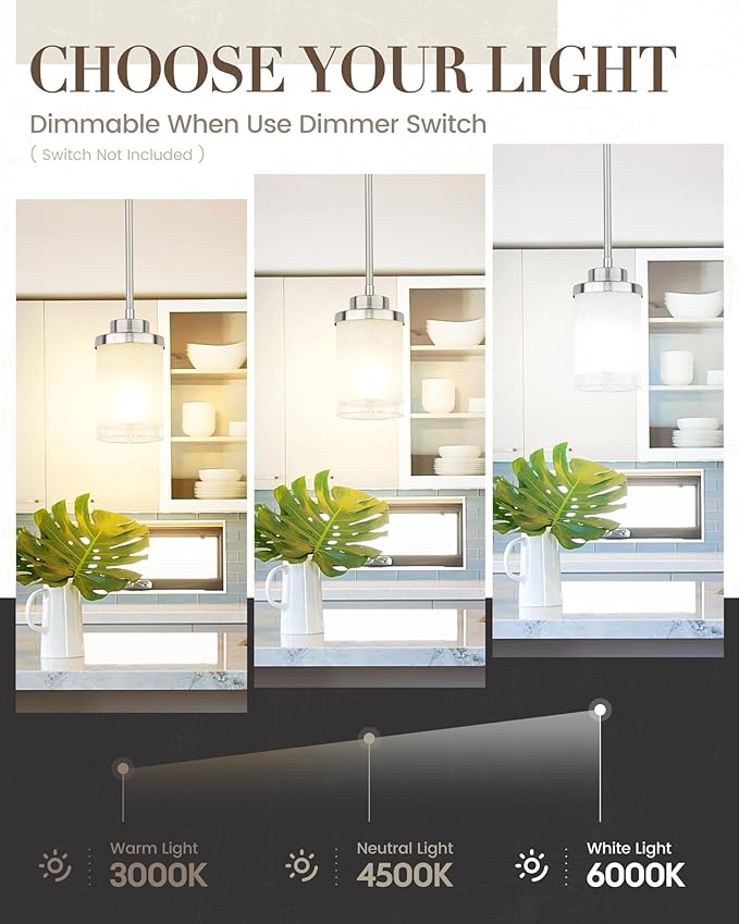 TENGXIN Modern Pendant Light for Kitchen Island, Brushed Nickel Hanging Ceiling Light Fixture,Farmhouse Pendant Lighting for Dining Room Bedroom Bar Office,TXPLBN01