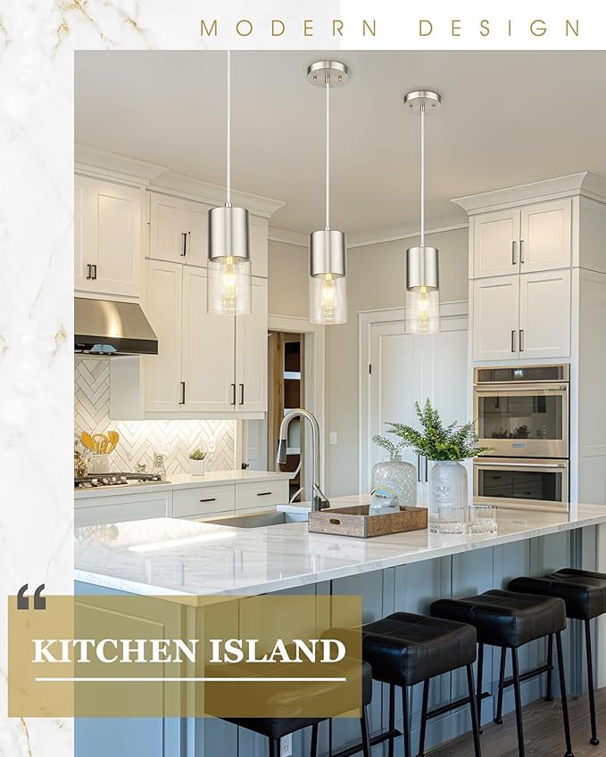 2-Pack Pendant Lights Kitchen Island, Brushed Nickel Hanging Lights Fixtures with Cylinder Clear Glass, Industrial Kitchen Pendant Lighting Over Island for Dining Room, AD-24023-1P2-SN