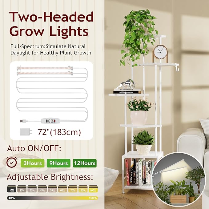 Plant Stand Indoor with Grow Light, 6-Tiered Tall Plant Stand Indoor, Metal Plant Shelf with Hanging Basket Hook and Adjustable Light, Ideal for Living Room, Garden, Patio white