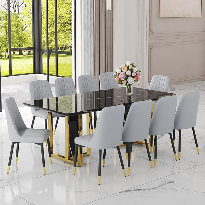 TesNus 79" Black Dining Table Set for 10 with Chairs,Large Faux Marble Kitchen Table and Chairs Set Rectangular 11 Piece Dining Room Set with Gold Metal Legs,Modern Design,Easy Assemble,Stable Base