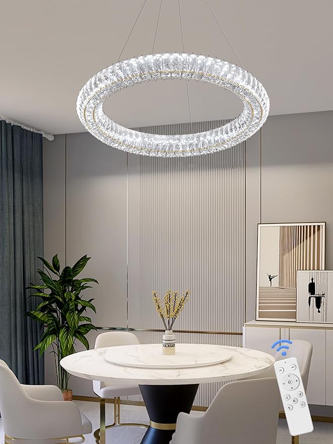 Modern Crystal Chandelier Dimmable LED 23.6" Ring Pendant Light Adjustable Round Gold Crystal Chandelier Light Fixtures for Dining Room Living Room
