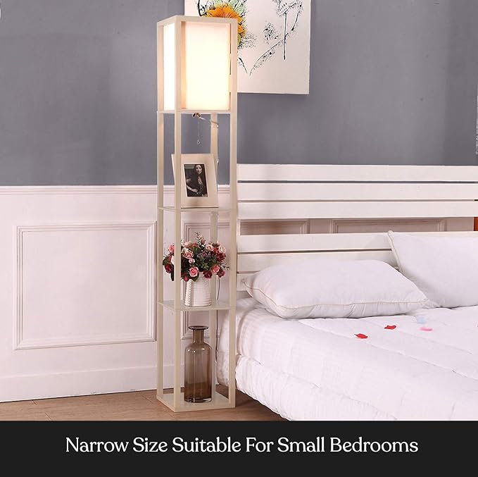 Brightech Maxwell - Modern Shelf Floor Lamp with Lamp Shade and LED Bulb - Coner Display Floor Lamps with Shelves for Living Room, Bedroom and Office - Rustic Wood