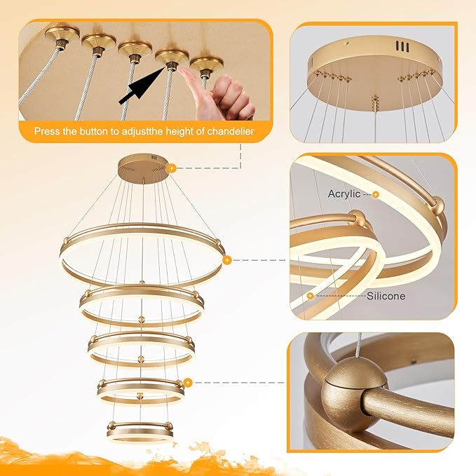 5-Rings Modern LED Chandelier Gold Dimmable Large High Ceiling Chandeliers Foyer, Remote Pendant Lighting for Foyer Entryway Dining Room Living Room Staircase(10-Ring Lighting, D29.5)