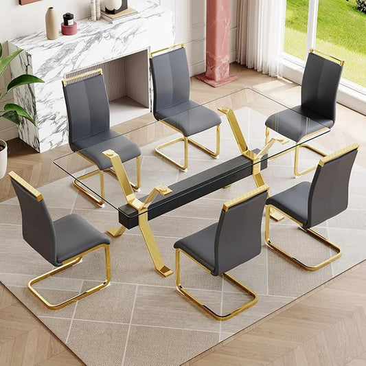 7 Piece Glass Dining Table Set, Kitchen Table Chairs Set for 6, 71'' Dining Table with 0.4" Tempered Glass Tabletop with Plated Metal Legs and MDF Crossbar, 6 PU Chairs for Dining Room, Kitchen.