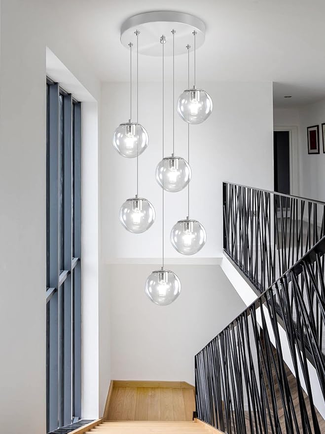 H 87in Modern Glass Globe Chandelier 6-Lights Glass Pendant Light for Staircase Silver Globe Chandelier Clear Glass Hanging Lighting for Living Room Bedroom Entryway