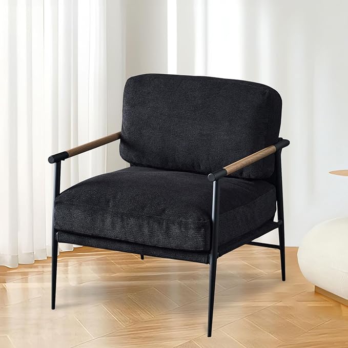 Accent Chair Mid Century Modern Armchair for Living Room,Bedroom,Office,Lounge Comfy Chenille Upholstered Soft Removable Washable Cushions and Pillows,Metal Wood-Grain Armrest Legs,Black