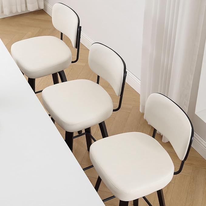 Swivel Counter Height Bar Stools Set of 4, Upholstered Faux Leather Barstools with Back, 26" Seat Height Bar Chairs Island Stools for Kitchen Counter, Black Wood Frame, Cream White