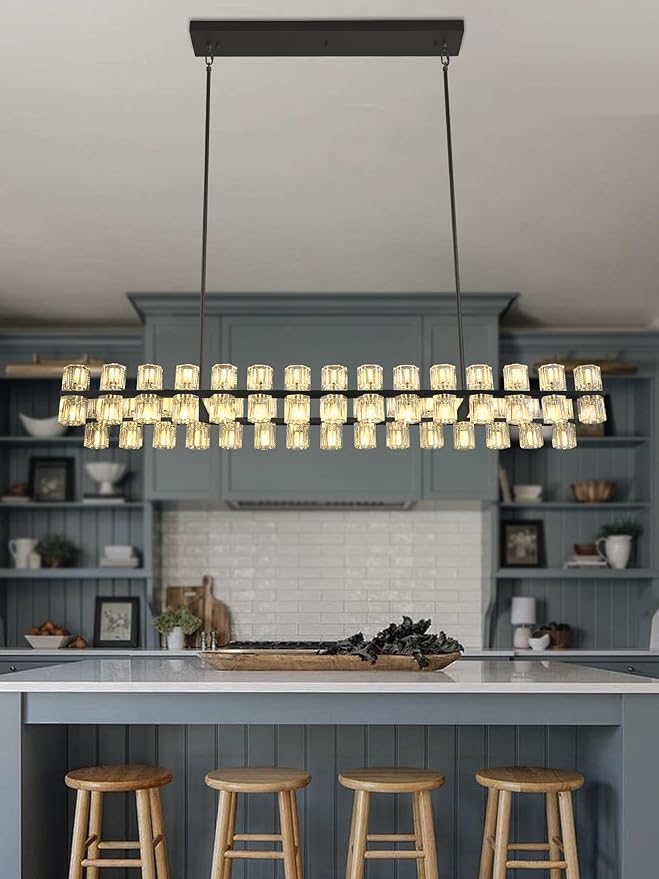 Black Rectangular Crystal Chandelier Light Fixture 53.4 in Dining Room Chandelier Over Table Modern Farmhouse Ceiling Pendant Hanging Light Fixture for Living Room, Kitchen Island (Bulb not Included)