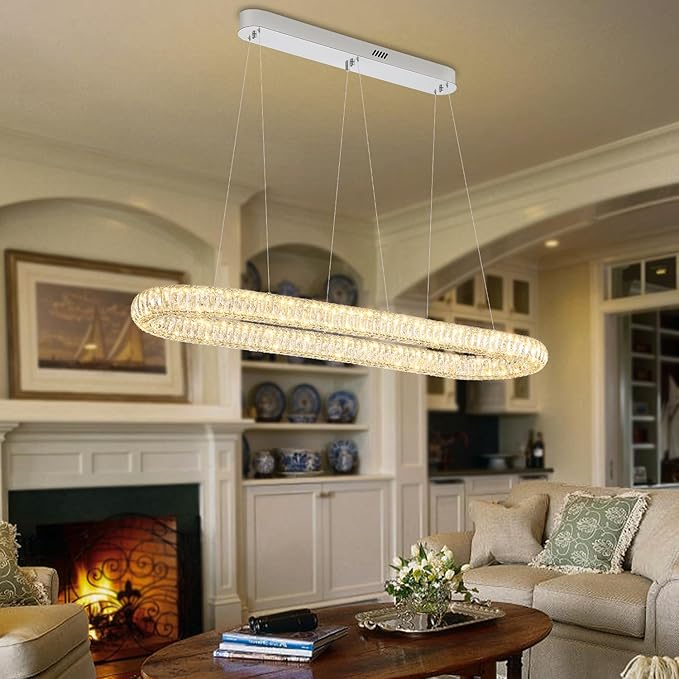 Oval Crystal Ring Chandelier for Living Room, 47.2'' Chrome Ring Pendant Light for Kitchen Island Modern Linear Oval Chandeliers for Dining Room Dimmable 3000K-6000K