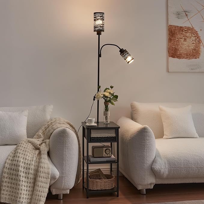 Floor Lamp with End Table, Side Table with Lamp Attached, Bedside Nightstand Light for Small Spaces with Wicker Drawer and Storage Shelf for Living Room, Bedroom, Guest Room, 2 Bulbs Included