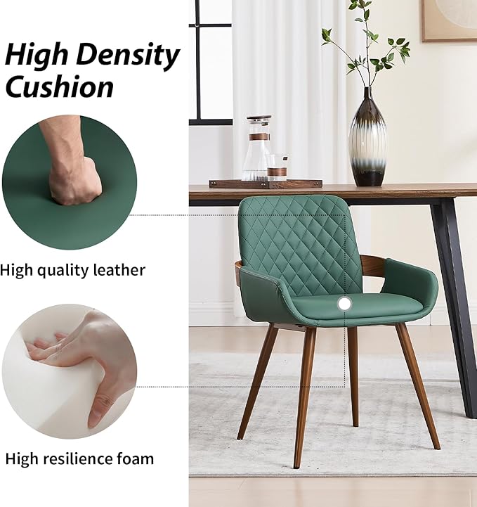 Mid Century Modern Dining Chairs Set of 2 - Faux Leather Dining Room Chairs, Upholstered Kitchen Chair with Arms and Metal Legs - Green
