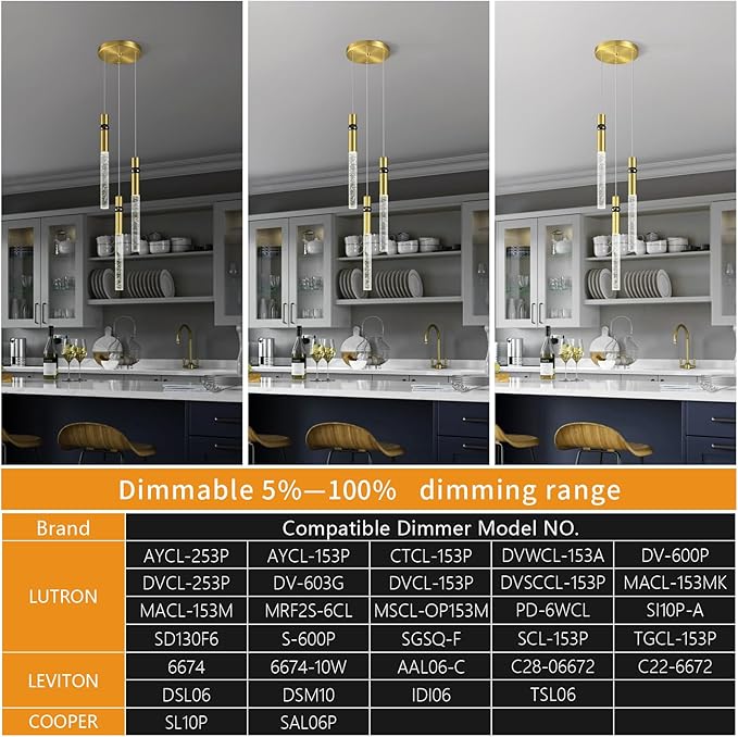 Pendant Lights Kitchen Island Light Fixtures Dimmable LED Modern Pendant Light with Bubble Crystal Pendant Lighting for Kitchen Bedroom Hallway Entryway (Gold 3-Light)
