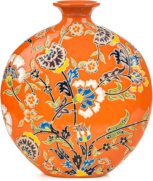 Sungmor High-Class Enamel Painted Porcelain Vase, Traditional Hand-Carved Overglaze Color Ceramic Vase for Fresh Flowers Dried Plants Arrangement, Decorative Vase for Centerpieces, Shelf, Living Room