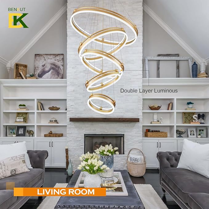 5-Rings Modern LED Chandelier Gold Dimmable Large High Ceiling Chandeliers Foyer, Remote Pendant Lighting for Foyer Entryway Dining Room Living Room Staircase(10-Ring Lighting, D29.5)