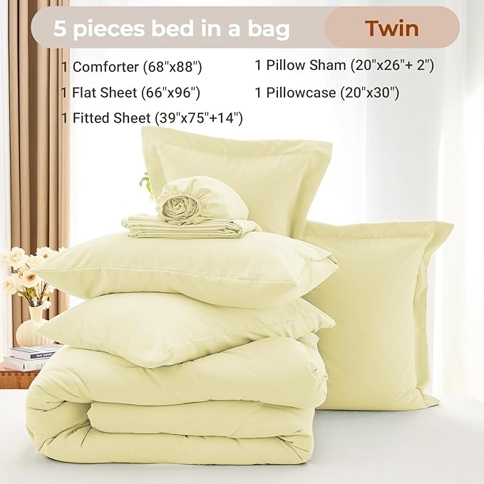 MUXHOMO 5 Pieces Twin Comforter Set, Soft Bed in a Bag Twin Size, All Season Bedding Set with Comforter, Flat Sheet, Fitted Sheet, Pillowcases & Shams, Cream Yellow