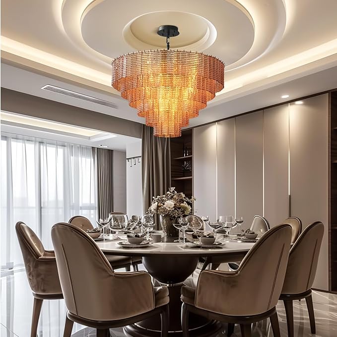 41" Extra Large Chandelier, 18-Light Black Round Chandeliers for Dining Room, Amber Glass Linear Chandelier, Hanging Light Fixture Perfect for Dining Room, Entryway, Foyer, Bedroom & Kitchen