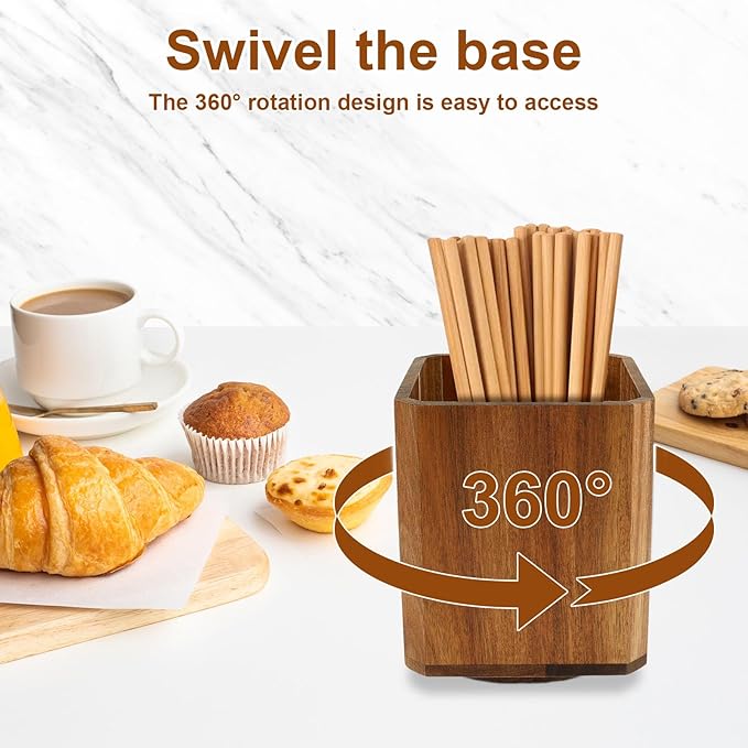 1Pc Wood Utensil Holder 360° Rotating Acacia Utensil Crock Multipurpose Cooking Spoon Spatula Organizer Kitchen Tool Storage for Countertop