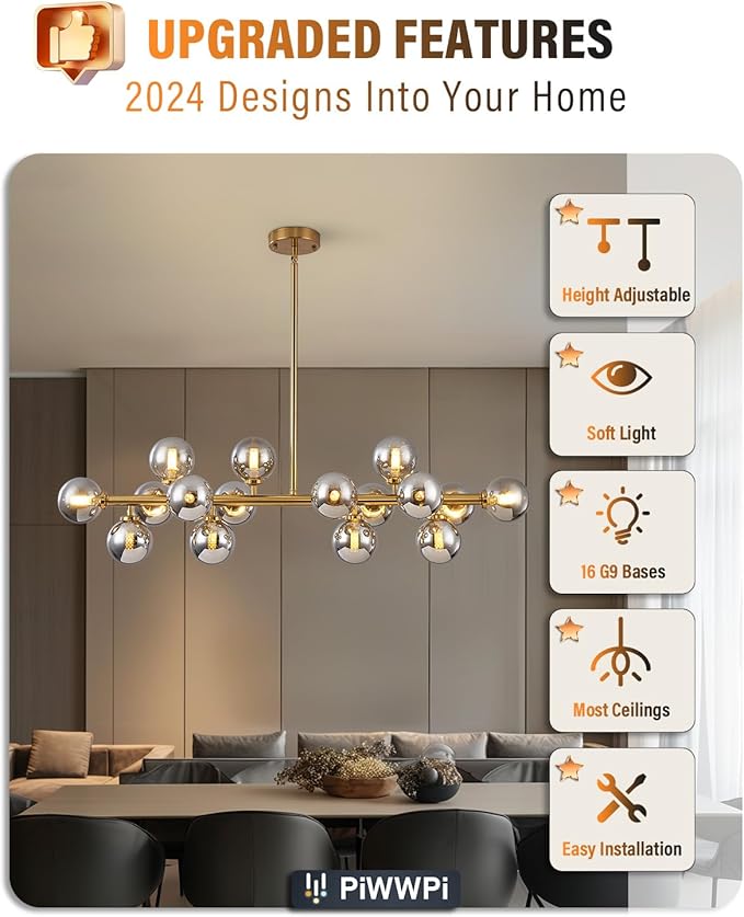 Glass Globe Sputnik Chandelier, 16-Light Mid Century Modern Light Fixture Over Table, Linear Chandeliers for Dining Room, Kitchen Island, Brass Gold and Smoke Grey Bubble, 40 Inch, GC-02