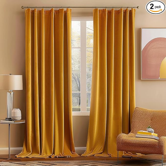 MIULEE Velvet Curtains 90 inches 2 Panels - Luxury Blackout Curtains for Bedroom Living Room Thermal Insulated Fall Decor Super Soft Elegant Window Drapes Rod Pocket & Back Tab, Mustard Yellow