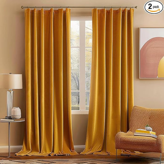 MIULEE Velvet Curtains 96 inches 2 Panels - Luxury Blackout Curtains for Bedroom Living Room Thermal Insulated Fall Decor Super Soft Window Drapes Rod Pocket & Back Tab, Mustard Yellow