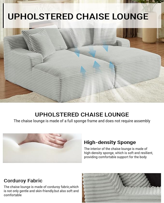 Oversized Double Chaise Lounge, Corduroy Boneless Couch, Modern Oversized Chaise Lounge, Upholstered Sleeper Sectional Sofa Daybed with Throw Pillows and Armrest for Living Room, Light Grey
