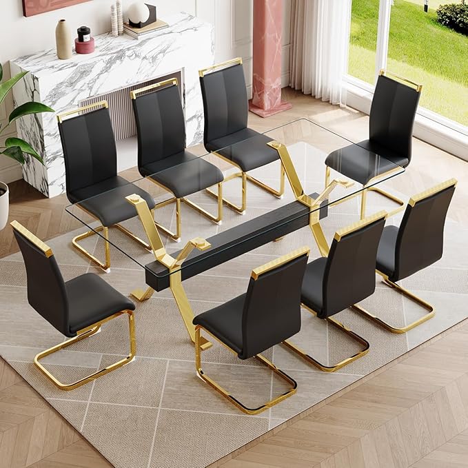 9 Piece Glass Dining Table Set, Kitchen Table Chairs Set for 8, 71'' Dining Table with 0.4" Tempered Glass Tabletop with Plated Metal Legs and MDF Crossbar, 8 PU Chairs for Dining Room, Kitchen.