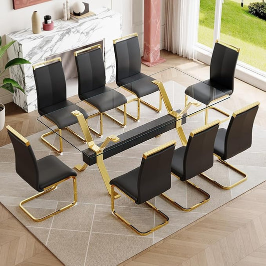 9 Piece Glass Dining Table Set, Kitchen Table Chairs Set for 8, 71'' Dining Table with 0.4" Tempered Glass Tabletop with Plated Metal Legs and MDF Crossbar, 8 PU Chairs for Dining Room, Kitchen.