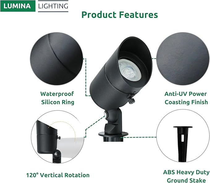 Lumina Lighting® 4W Landscape Lighting 12V Landscape Lights Low Voltage Landscape Spotlights Warm White Waterproof Outdoor Replaceable LED Bulb for Garden, Lawn, Porch, Patio and Yard (Black, 6-Pack)