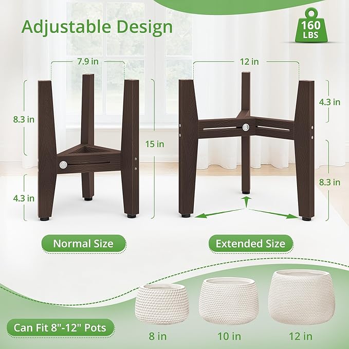 LUE BONA HDPS Plant Stand, Adjustable Plant Stand Indoor for 8-12 Inches Pots, Mid Century Modern Plant Holder for Indoor, Outdoor, Coffee Brown