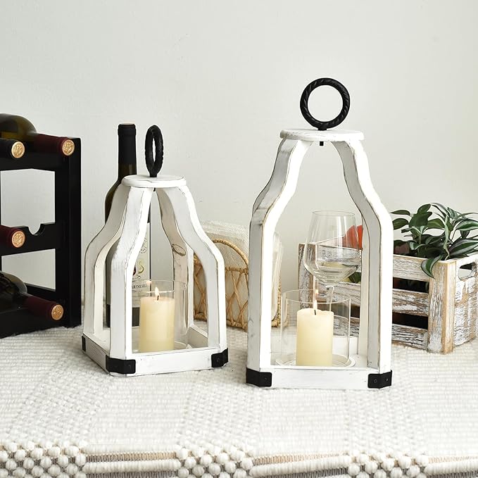 SWALLOWLIVING Rustic Farmhouse Wood Candle Hurricane Lantern with Glass Candlestick Holder for Patio, Table Centerpiece, White, Set of 2
