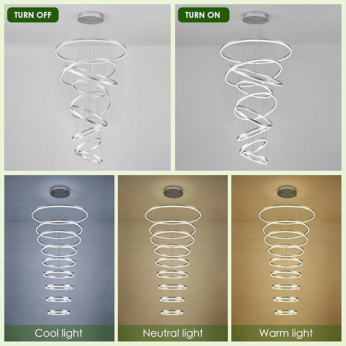 9 Rings Modern LED Chandelier Silver Dimmable Large Foyer Chandeliers Entryway High Ceiling for Staircase, High Ceiling Pendant Lights for Entryway Living Room, 3000K-6500K CCT