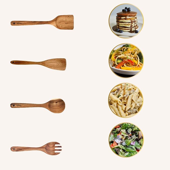 NAZANIN 9-Piece Natural Acacia Wood Kitchen Utensil Set with Holder & Spoon Rest, Wooden Spoon Set for Nonstick Pans & Cookware, Durable, Lightweight, Heat Resistant, & Non-Scratch Cooking Spoons
