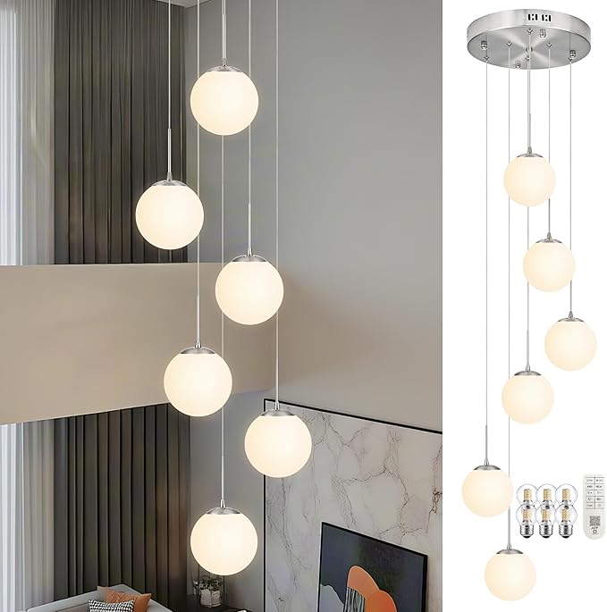 KoKo&Yukina Globe Pendant Light 6 Light Nickel Globe Pendant Lights Kitchen Island Mid Century Light Fixture with Milky White Glass Shade Lights for Staircase