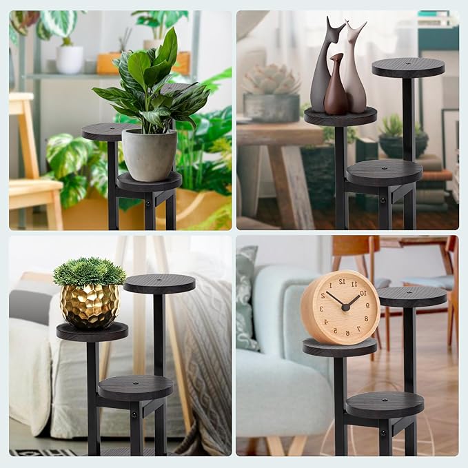 3 Tier Wood Plant Stand Indoor, Metal Iron Tiered Plant Stands Corner Plant Holder Flower Shelf Display Rack For Living Room Balcony Garden Patio (Black)