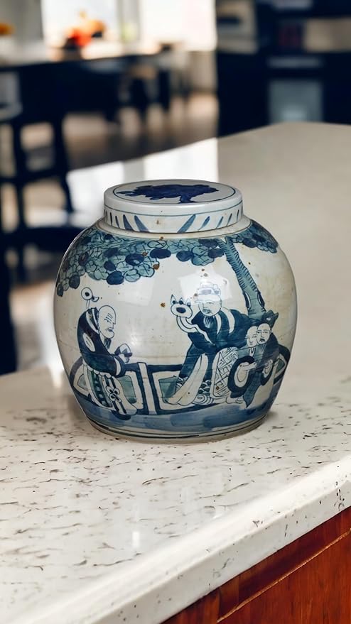 Festcool Antique Style Blue and White Porcelain Scholars Figure Ceramic Covered Jar Vase, China Ming Style, Jingdezhen (J1)
