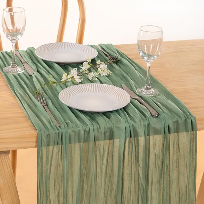 MLMC Sage Green Table Runner 10ft Rustic Gauze Fall Cheesecloth Table Runner Sage Cheese Cloth Centerpiece Decor 35x120 Inches for Boho Wedding Bridal Shower Birthday Party Decor