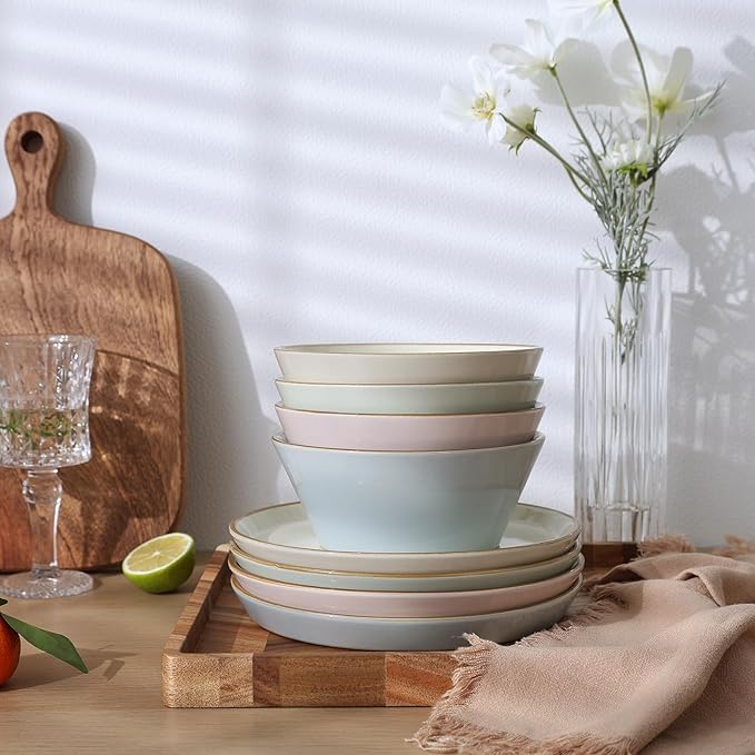 Famiware Saturn Dinnerware Sets, Plates and Bowls Sets for 4, 12 Pieces Stoneware Dish Set - Chip and Scratch Resistant, Microwave and Dishwasher Safe Tableware Set, Multi-color with Rim