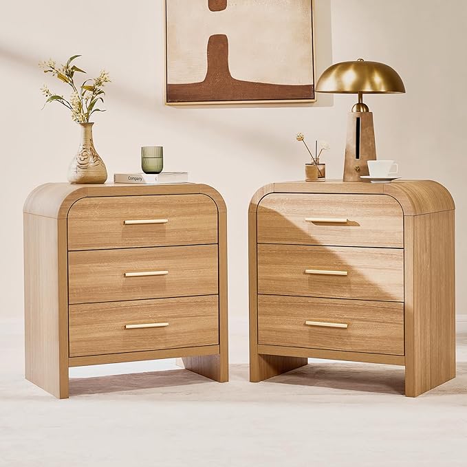Farmhouse Nightstand Set of 2, 23.5" Curved Modern Night Stand with 3-Drawer, Bed Side Table Furniture, End Table for Bedroom, Storage Cabinet for Living Room Home Office Entryway, Oak