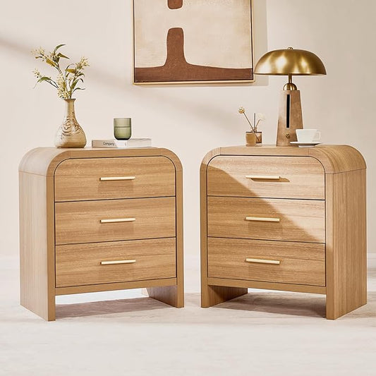 Farmhouse Nightstand Set of 2, 23.5" Curved Modern Night Stand with 3-Drawer, Bed Side Table Furniture, End Table for Bedroom, Storage Cabinet for Living Room Home Office Entryway, Oak