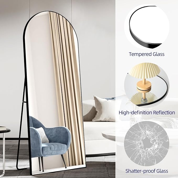65"x24"Arched Full Length Mirror with Stand,Black Large Mirror,Shatterproof Tempered Glass&Aluminum Alloy Frame,Freestanding Full Body Mirrorr for Bedroom,Living Room,Dressing Room