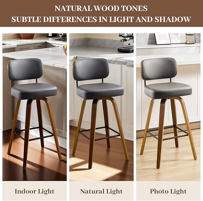 Swivel Counter Height Bar Stools Set of 4, 26" Upholstered Faux Leather Barstools with Back and Bent Wood Legs, Mid Century Modern Bar Chair Island Stool for Kitchen Counter, Grey