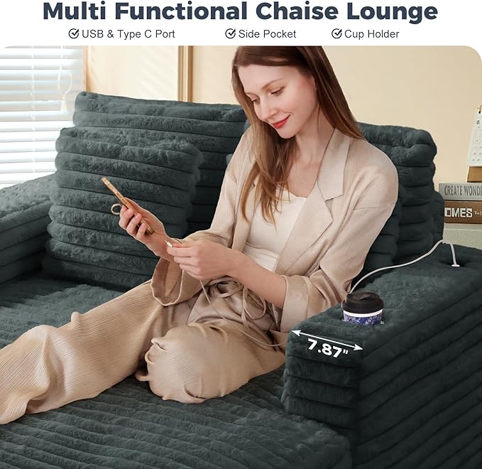 HUSFU 60'' Oversized Chaise Lounge Chair, Upholstered Sofa Bed, Sleeper Couch Reading Chairs with USB Port and Cup Holders,Comfy Cloud Sofas Couches for Living Room,Grey Blue