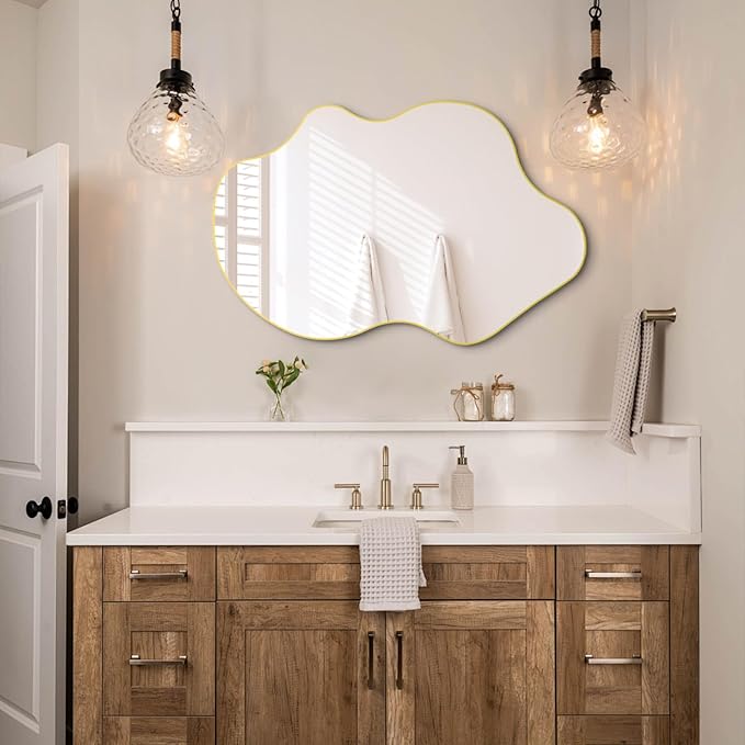 Gold Irregular Mirror, Asymmetrical Wall Mirrors, 31.5"x23.6" Waved Shaped Mirror, Modern Frameless Decorative Mirrors for Living Room Bathroom Bedroom Hallway Entryway Fireplace