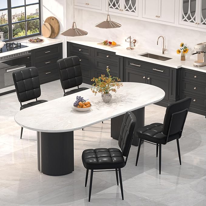 Leather Dining Chairs Set of 6, Upholstered Dining Room Kitchen Chairs with Thick Cushion, High Backrest, Metal Legs, Mid Century Modern Side Chair for Living Room Cafe Restaurant, Ink Black