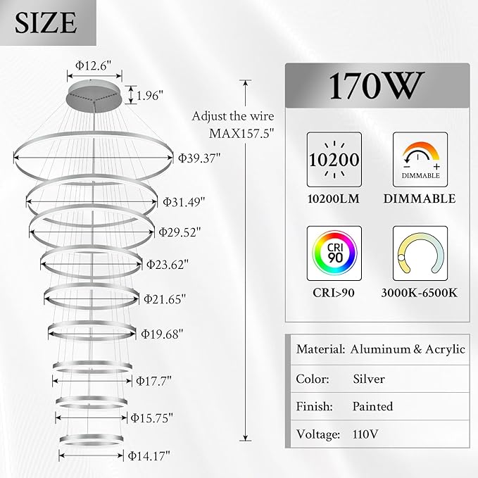 9-Rings D39.4’’ Modern LED Chandelier Silver Dimmable High Ceiling Foyer Chandeliers Entryway with Remote Control for Staircase Entryway Living Room Foyer, 3000K-6500K