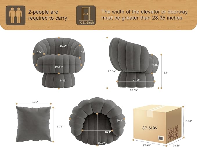 Mid Century Modern 360 Degree Barrel Swivel Accent Sofa Chair,Fluffy Velvet Fabric Lounge Wide Upholstered Pumpkin Reading Chair, Round Cloud Armchair for Living Room,Bedroom,Vanity(Gray)